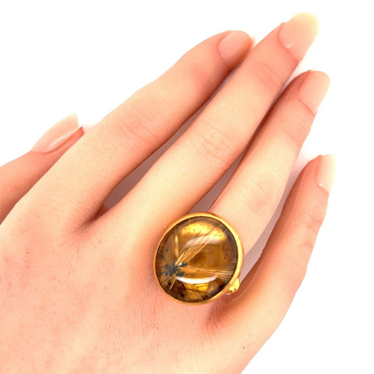 Gurhan Rune Rutilated Quartz 24k Yellow Gold Cocktail Ring Size 6