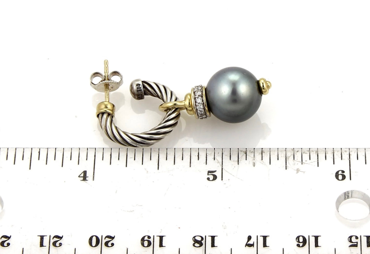 David Yurman Cable Diamond Tahitian Pearl Sterling Silver and 18k Yellow Gold Drop Earrings