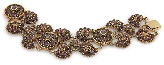 Bohemian Garnet Wide 14k Yellow Gold Floral Bracelet