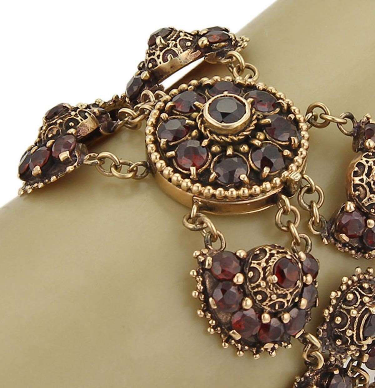 Bohemian Garnet Wide 14k Yellow Gold Floral Bracelet
