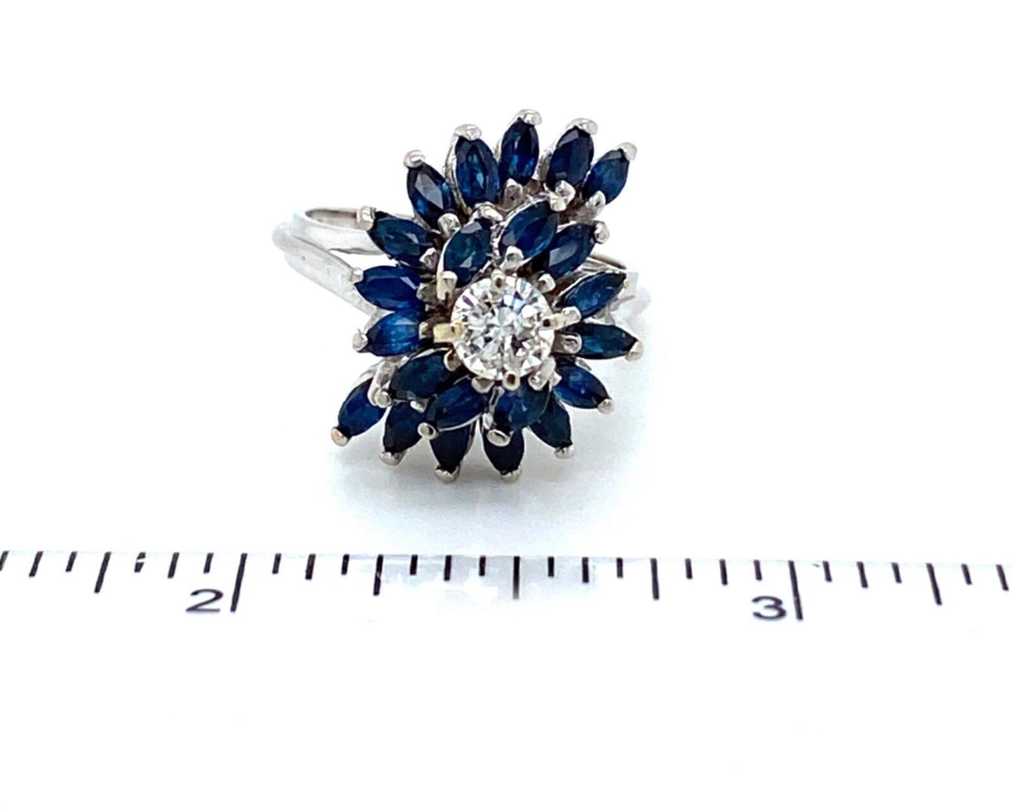 Diamond & Sapphire Swirl Design 14k White Gold Ring - Size 6.5