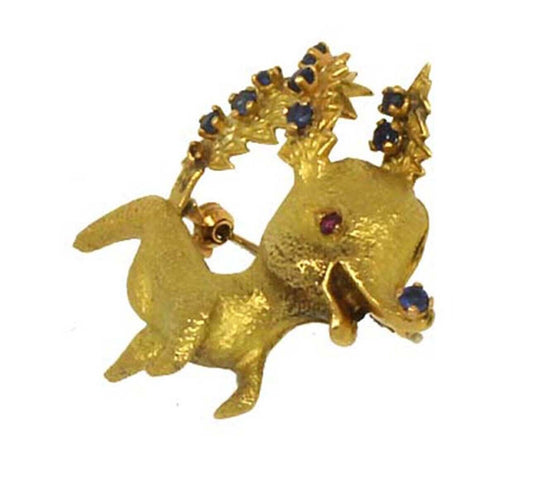 French Sapphire & Ruby 18k Yellow Gold Baby Reindeer Brooch Pin