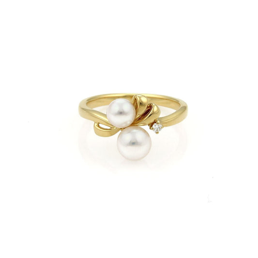 Mikimoto Akoya Pearls & Diamond 18k Yellow Gold Floral Ring - Size 4