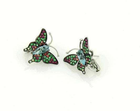 Butterfly 18k White Gold Earrings with 4ct Blue Topaz Tsvorite & Sapphires