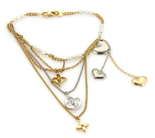 Louis Vuitton Monogram Pearls 18k Two Tone Gold Multi-Charms Chain Bracelet