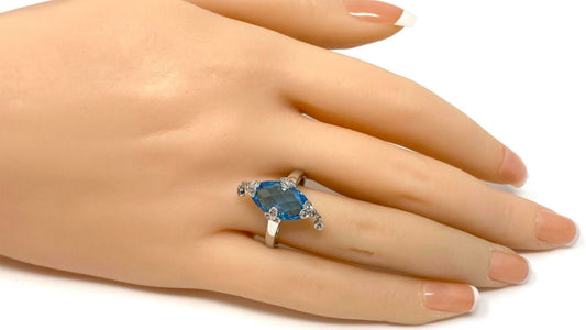 Diamond Blue Topaz Dangle Charm 14k White Gold Marquise Shape Ring Size 7