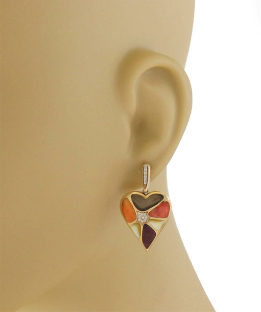 Kabana Diamond Spiny Oyster MOP Gems 14k Yellow Gold Heart Dangle Earrings