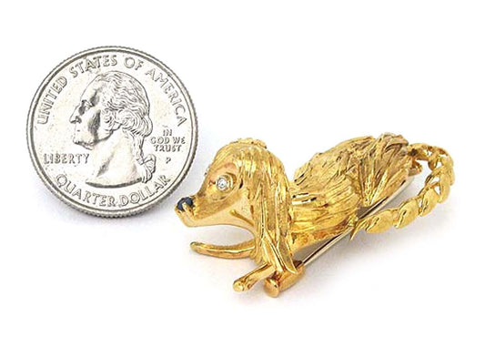 Diamond & Sapphire 18k Yellow Gold Dog Pin Brooch