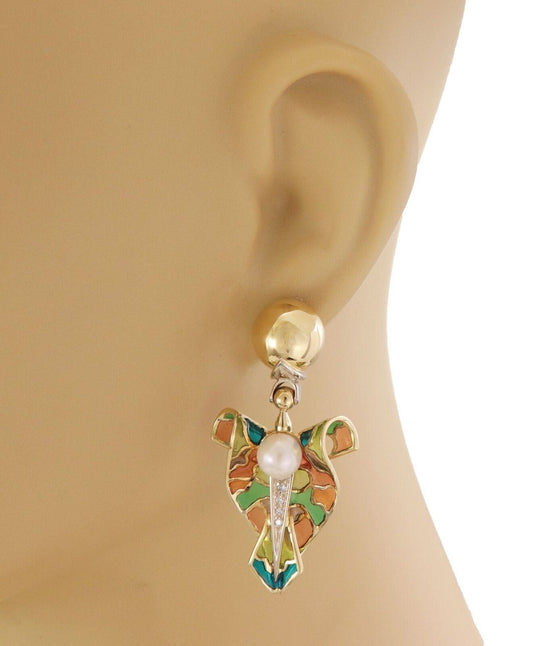 Diamonds & Pearl Plique a Jour 18k Yellow Gold Enamel Fancy Dangle Earrings