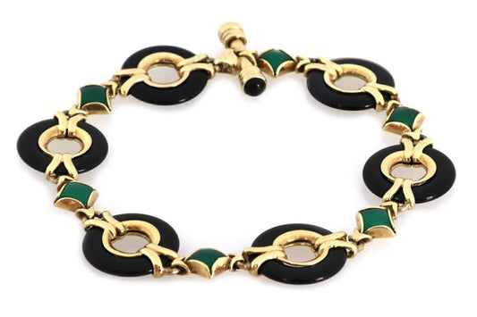 Diamond Green Black Onyx 14k Yellow Gold Circle Link Bracelet