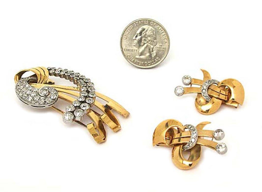 Diamond 18k Two Tone Gold Fancy Earrings & Brooch Set