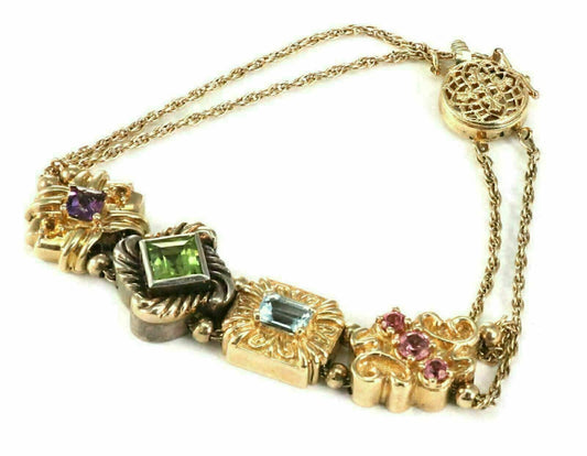 Multicolor Gems 14k Gold & Sterling 4 Charms Double Chain Bracelet