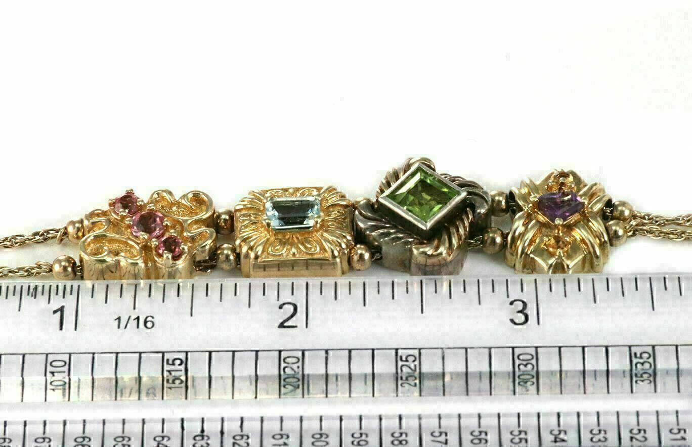 Multicolor Gems 14k Gold & Sterling 4 Charms Double Chain Bracelet