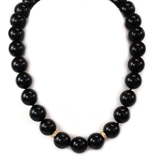 Diamond & 13.5mm Onyx Beads 14k Yellow Gold Necklace
