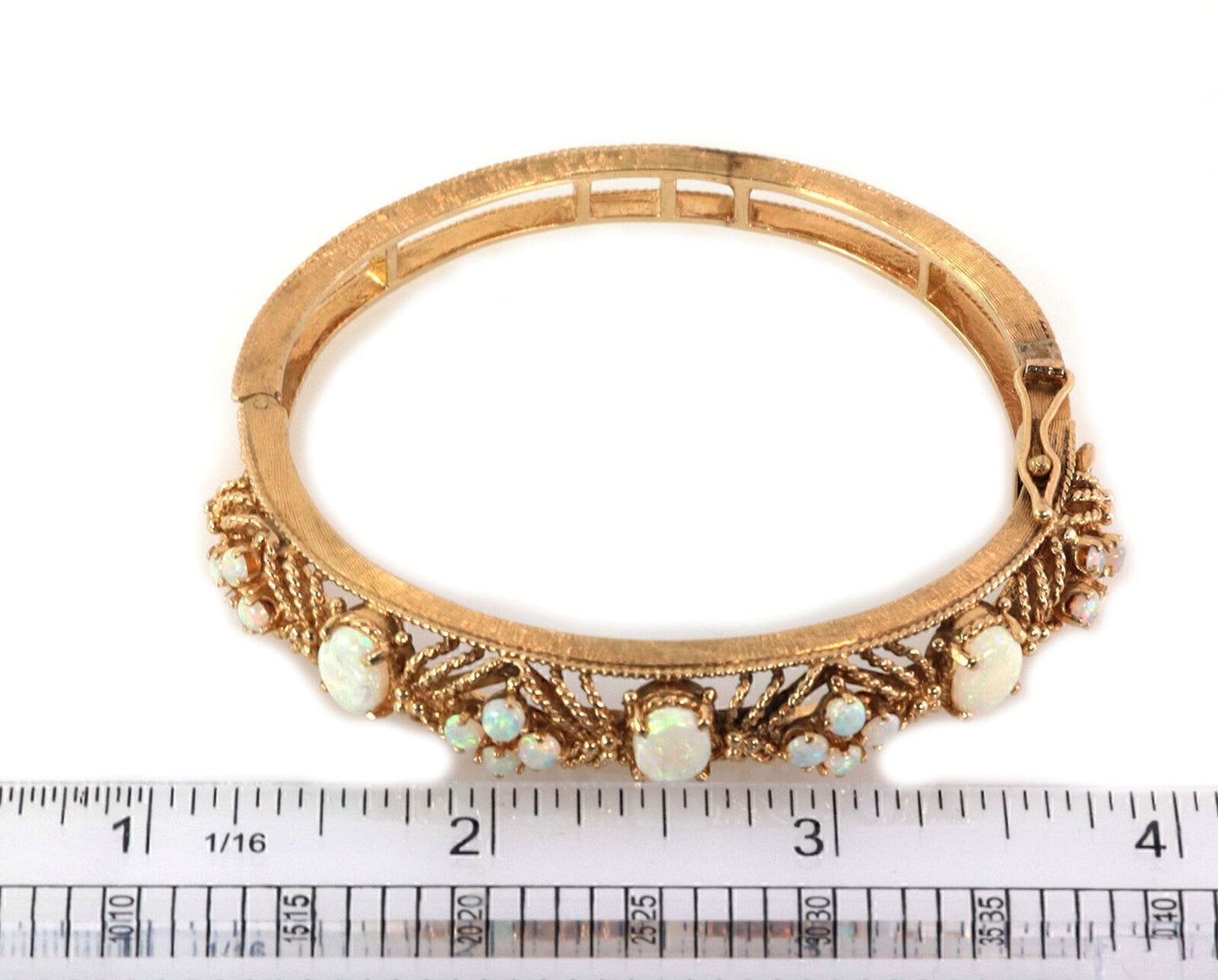 Fire Opal 14k Yellow Gold Fancy Textured Floral Bangle Bracelet