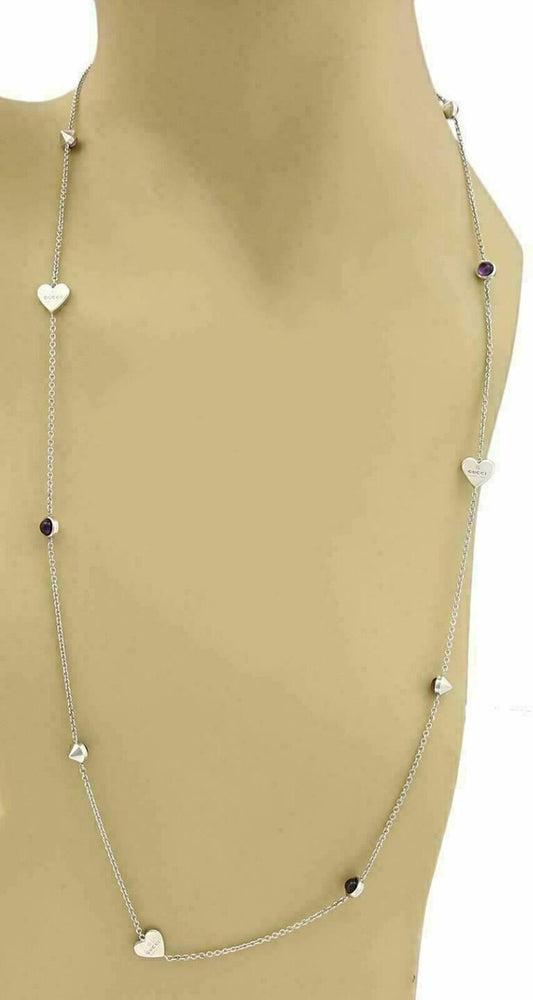 Gucci Amethyst Sterling Silver Hearts & Dots Long Chain Necklace