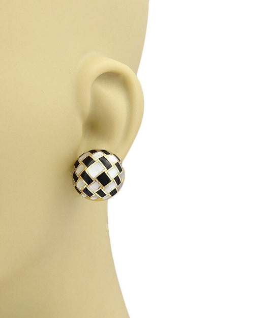 Tiffany & Co. Mother of Pearl & Onyx Inlaid 18k Yellow Gold Dome Post Clip Earrings