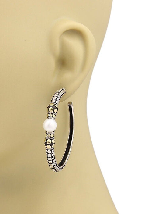 John Hardy Dots Pearls Sterling & 18k Yellow Gold Large Hoop Earrings