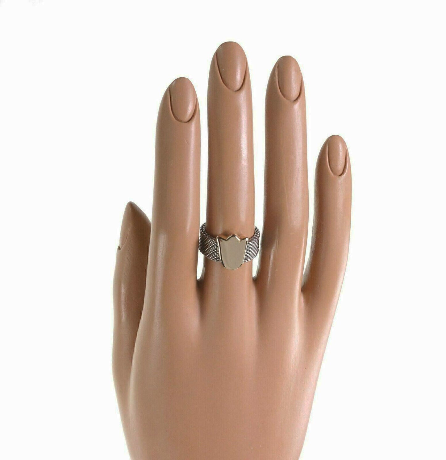 Tous 18k Gold & Stainless Tulip Charm Mesh Flex Band Ring - Size 6