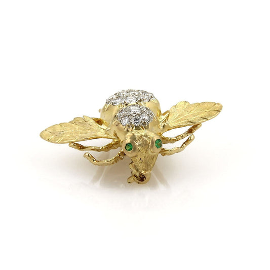 Diamonds & Emerald 18k Yellow Gold Large Bee Pin Brooch