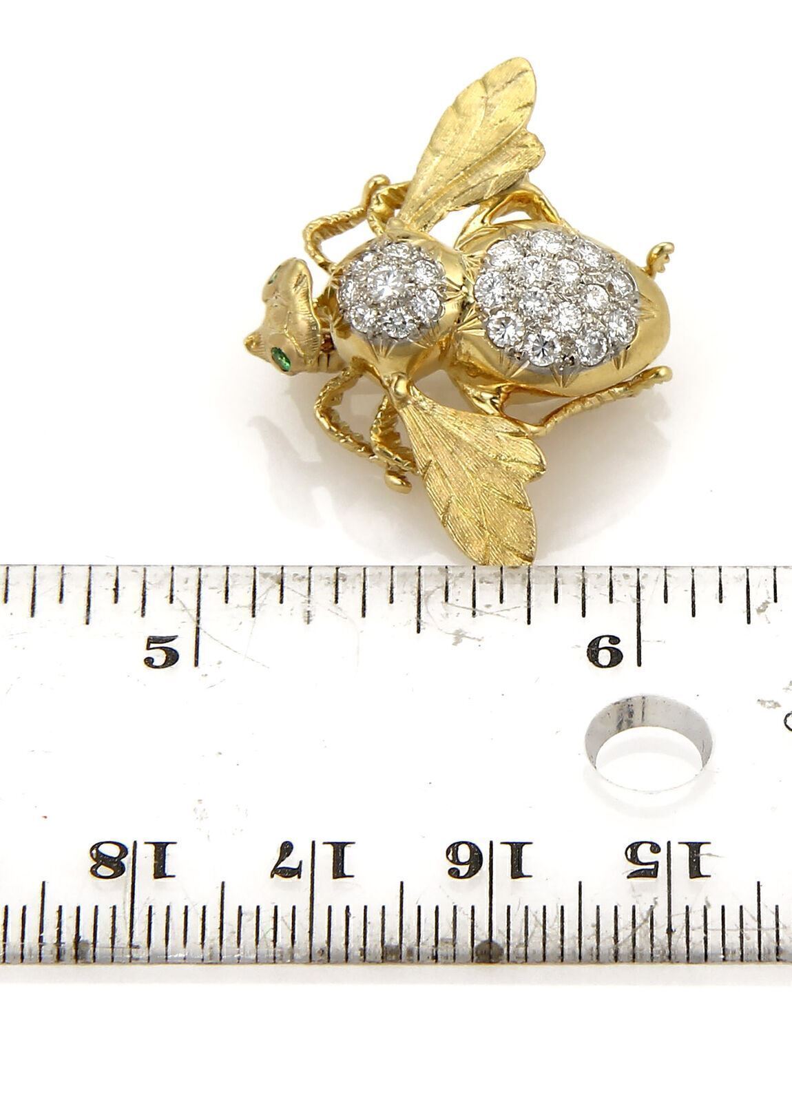 Diamonds & Emerald 18k Yellow Gold Large Bee Pin Brooch