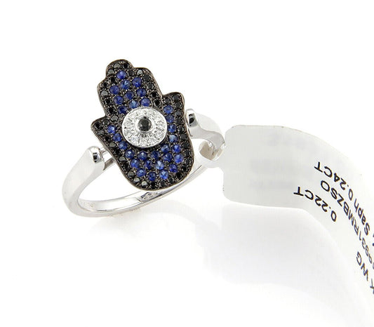 Evil Eye Hamsa 18k White Gold Diamond & Black Blue Sapphires Ring - Size 6.5