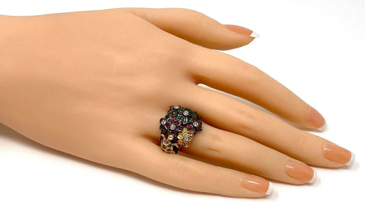 Diamond & Gems 14k Two Tone Gold Flowers & Turtle Ring - Size 7