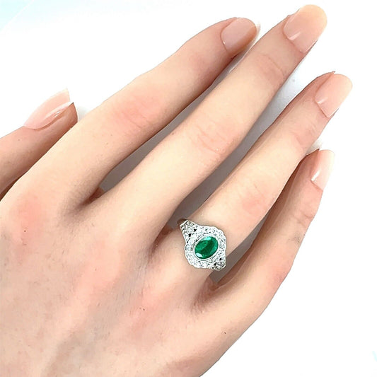 Diamond & Emerald 14k White Gold Oval Cocktail Ring - Size 4