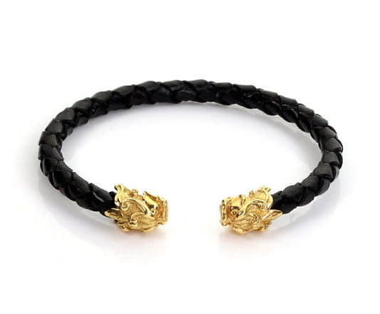 Carrera y Carrera 18k Yellow Gold Leather Cord Dragon Head Cuff Bracelet