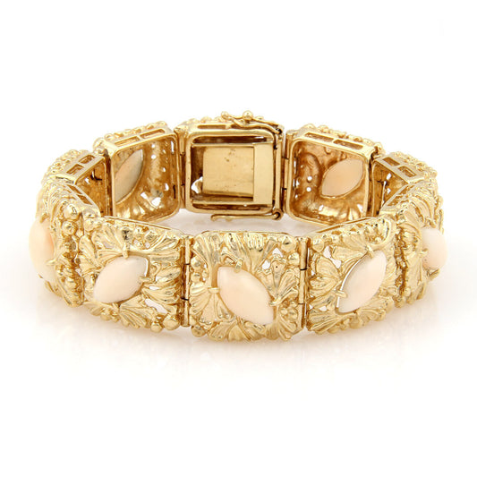 Angel Skin Coral Floral 14k Yellow Gold Square Link Bracelet