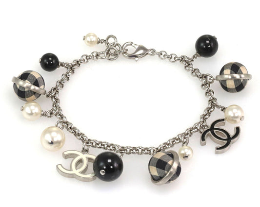 Chanel Pearls Black & White Checkered Beads C Logo Charms Silver Bracelet