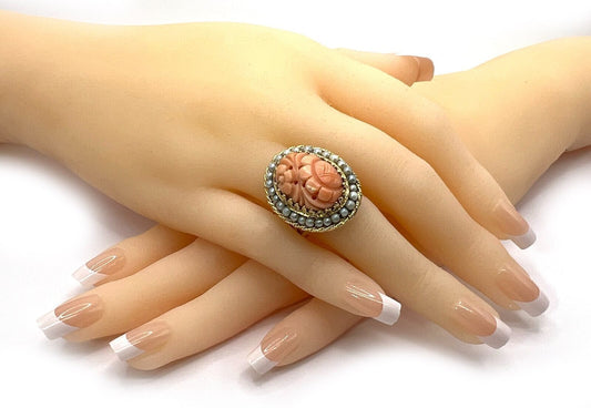 Coral Seed Pearls 14k Yellow Gold Oval Top Floral Ring - Size 6.5