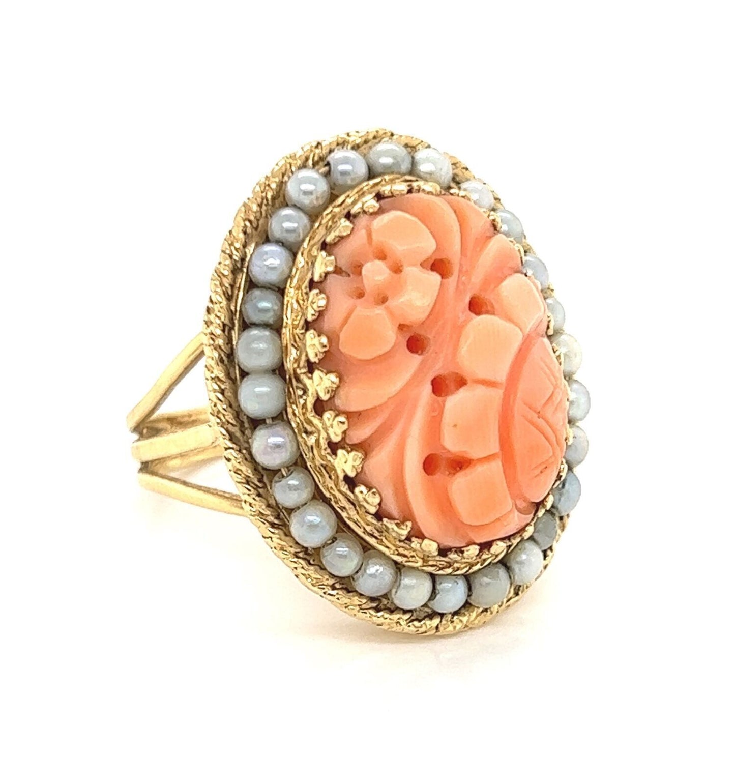 Coral Seed Pearls 14k Yellow Gold Oval Top Floral Ring - Size 6.5