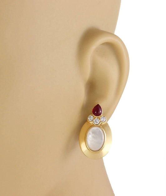 Christian Dior Diamond Ruby Mother of Pearl 18k Yellow Gold Earrings