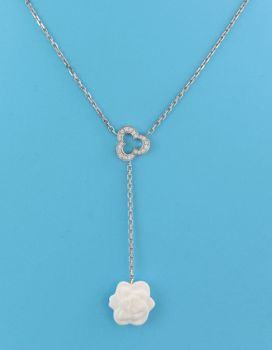 Chanel Camellia White Agate Diamond 18k White Gold Lariat Necklace