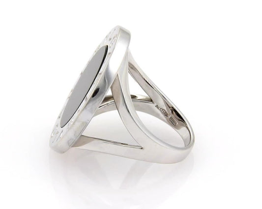 Bvlgari Onyx 18k White Gold Large Circular Ring - Size 7