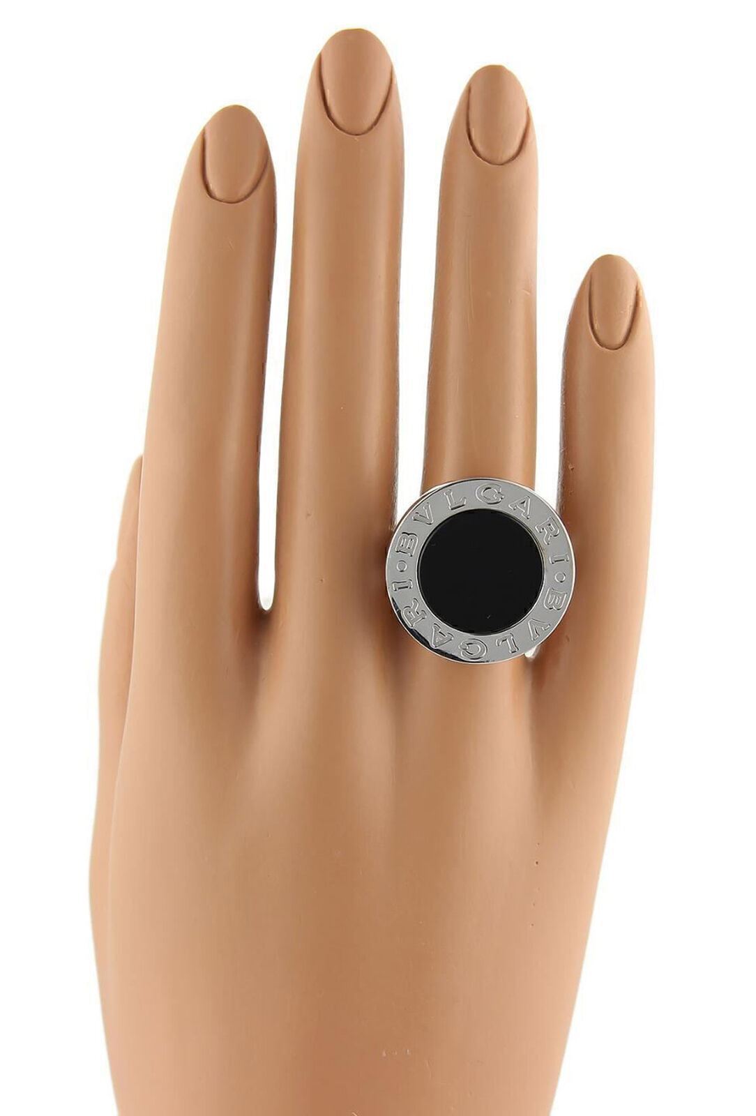 Bvlgari Onyx 18k White Gold Large Circular Ring - Size 7