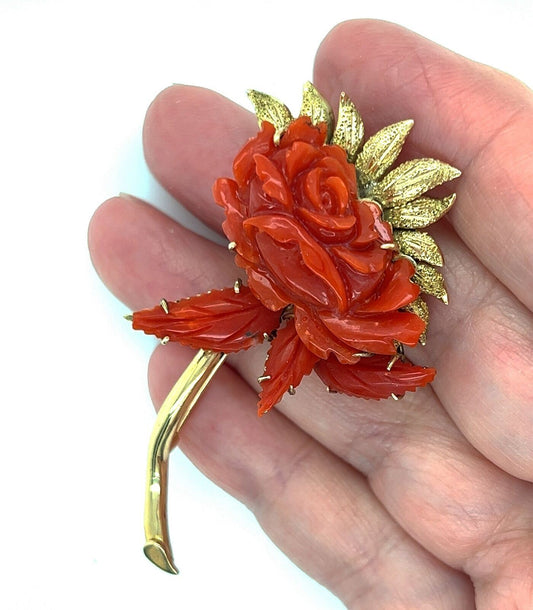 Flower Stem 18k Yellow Gold & Orange Coral Pin Brooch