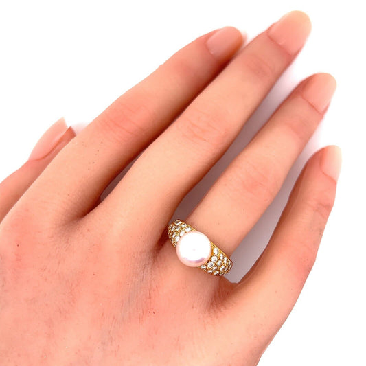 Mikimoto Pearl & Diamond 18k Yellow Gold Cocktail Ring - Size 4.75