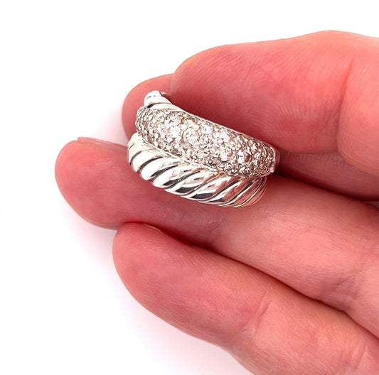 David Yurman Pave Diamond Sterling Silver Double Row Cable Band Ring - Size 5