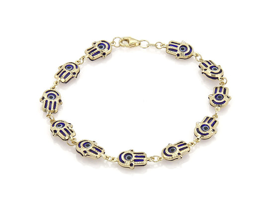 Multi Navy Blue Evil Eye Hamsa Hands Link 14k Yellow Gold Bracelet