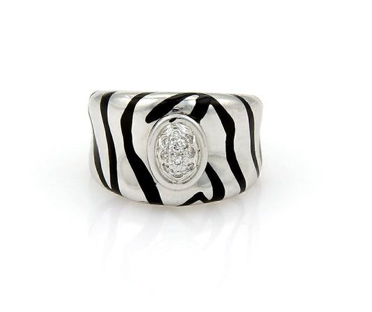 H. Stern Diamonds & Enamel Striped Design 18k White Gold Band Ring - Size 5