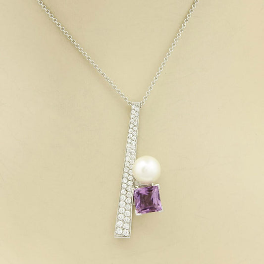 Koesia 18k White Gold 2.50ct Diamond Amethyst 9mm Pearl Pendant Necklace