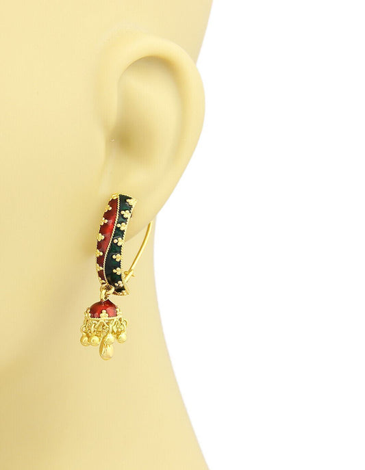 Green & Red Enamel 22k Gold Floral Curved Jhumki Earrings