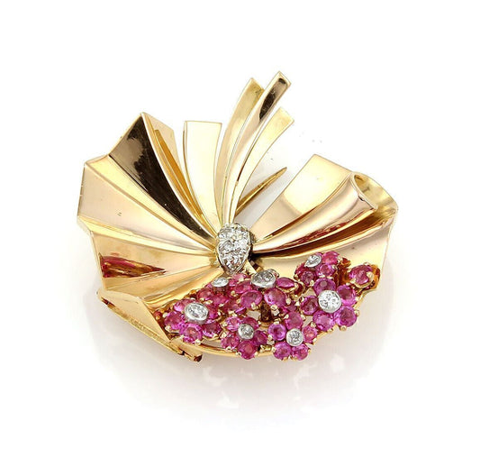 Retro 2.40ct Rubies & Diamonds Fancy Flower 14k Rose Gold Pin Brooch