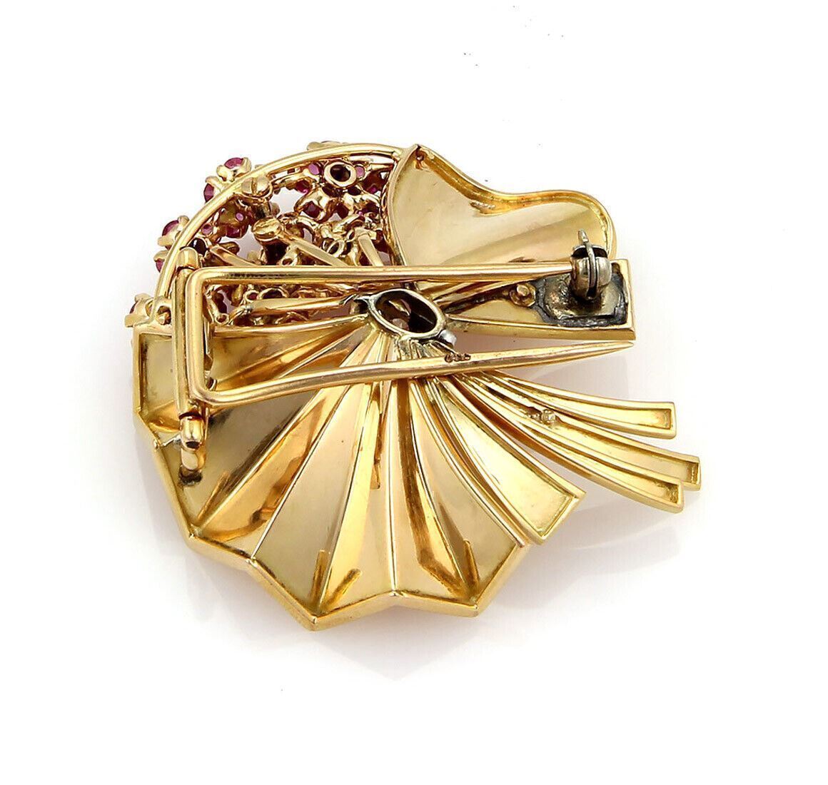 Retro 2.40ct Rubies & Diamonds Fancy Flower 14k Rose Gold Pin Brooch