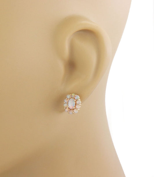 Fire Opal 14k Yellow Gold Oval Halo Stud Earrings