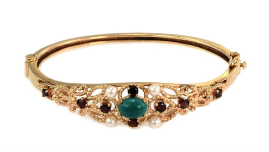 Pearls Turquoise Garnets 14k Yellow Gold Fancy Bangle Bracelet