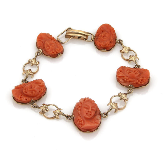 High Relief Women Bust Coral Carved Cameo 14k Rose Gold Bracelet
