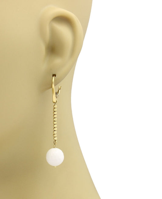 White Agate Faceted Bead 18k Yellow Gold Long Dangle Earrings